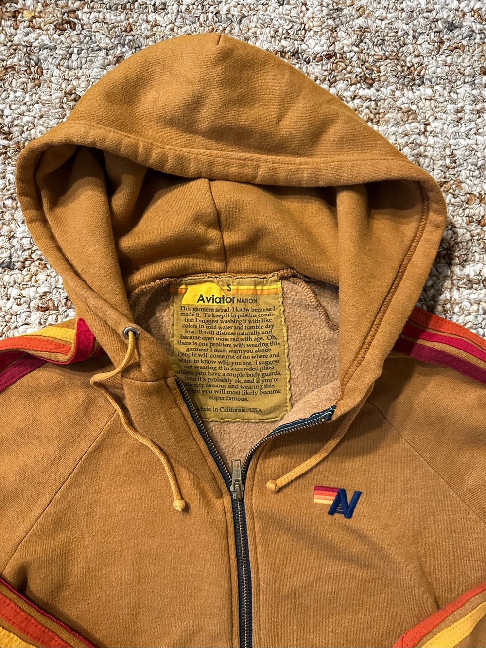 Aviator Nation Hooded Zip Sweater in Deep Mustard with Stripe Detail - Picture 2 of 5